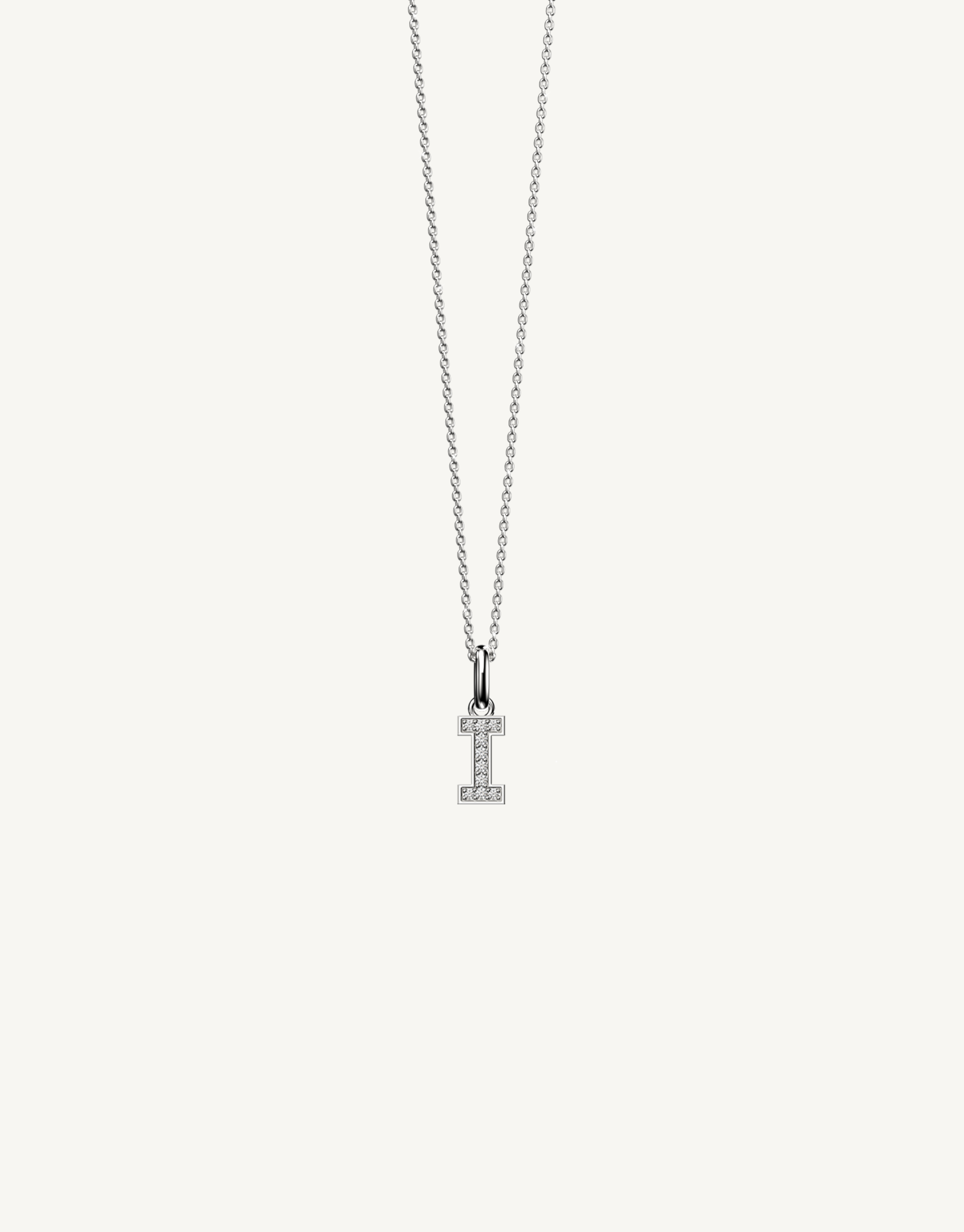 18k white gold diamond initial pendant. Luxury custom design. Initial I.