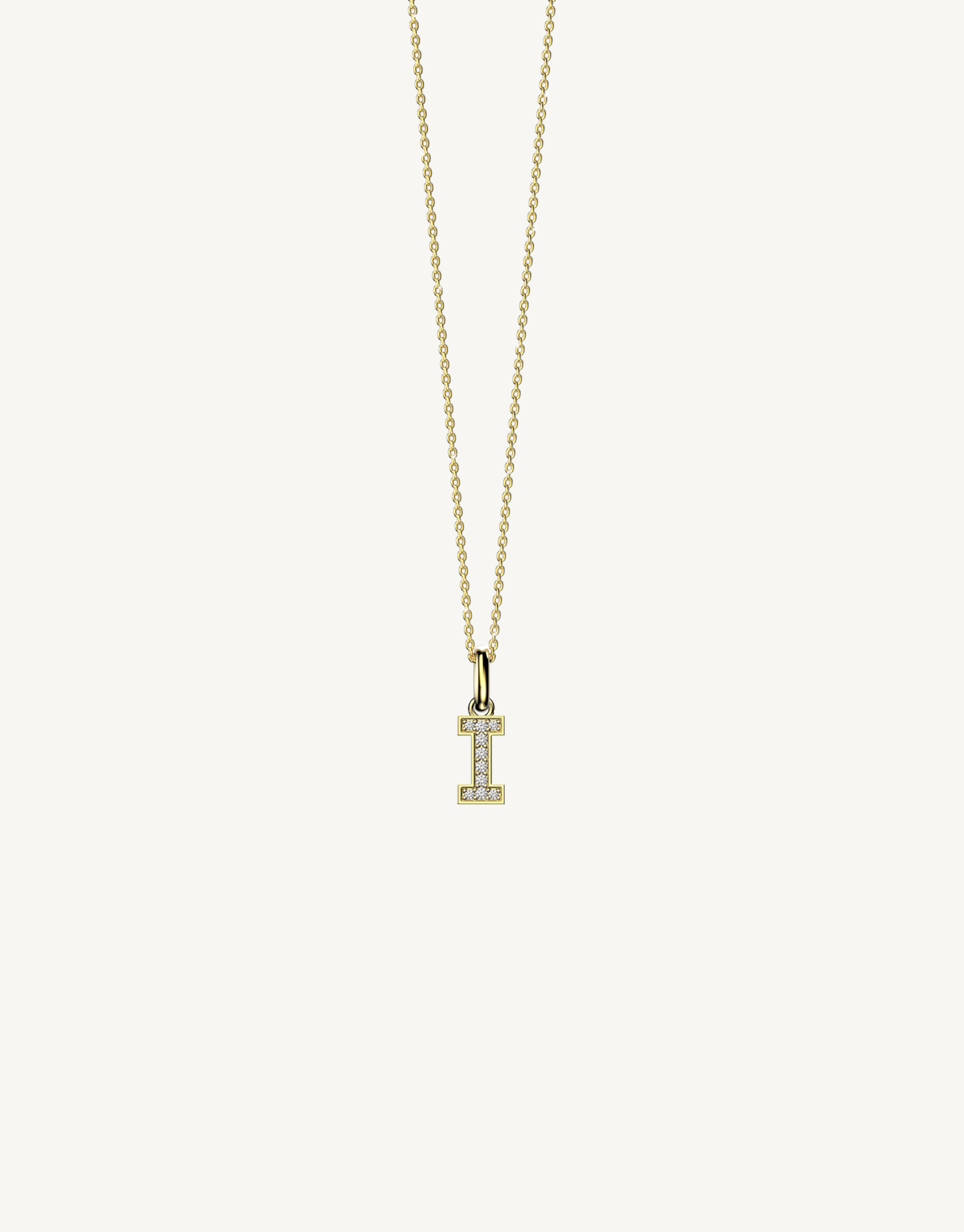 18k yellow gold diamond initial pendant. Luxury custom design. Initial I.