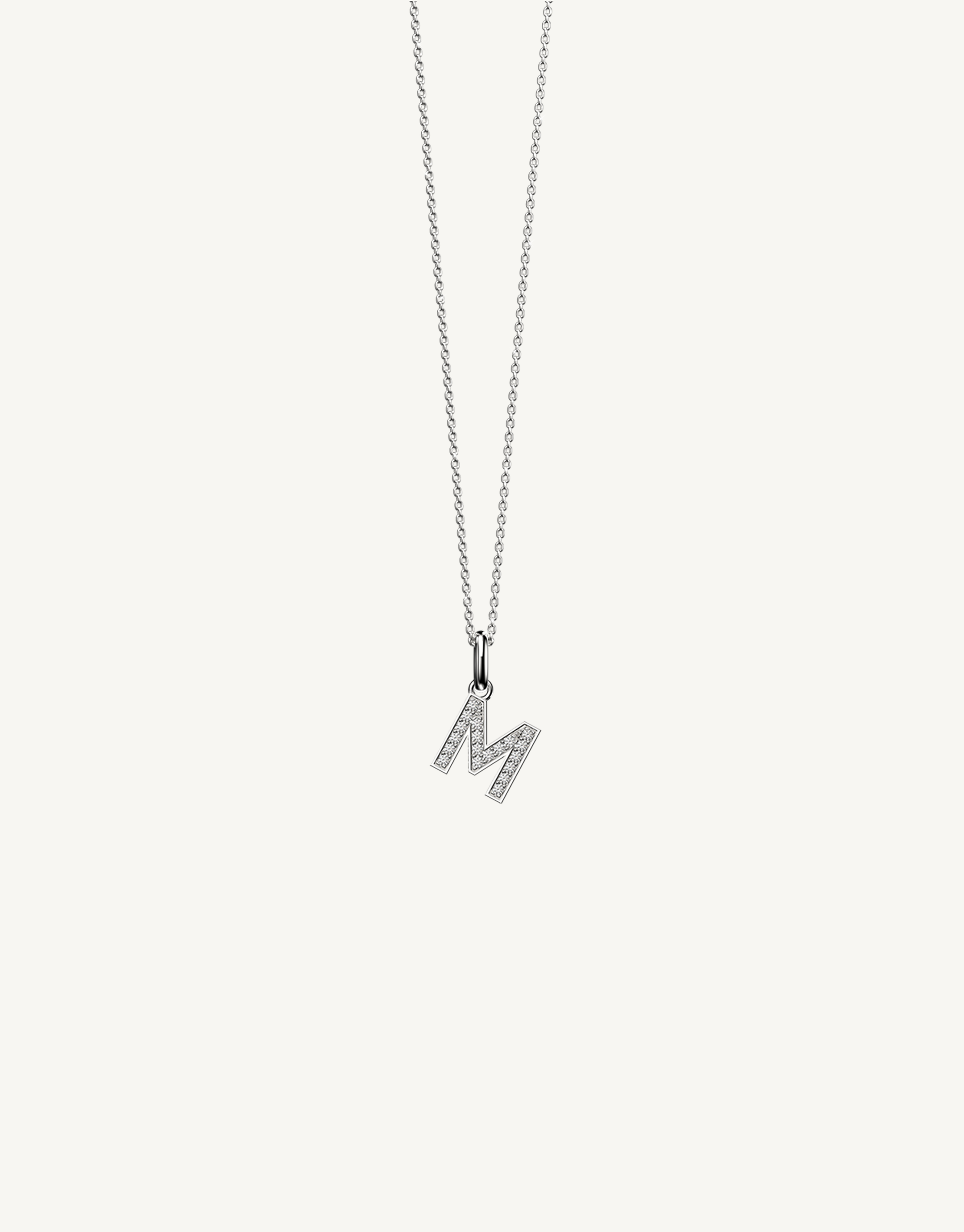 18k white gold diamond initial pendant. Luxury custom design. Initial M.
