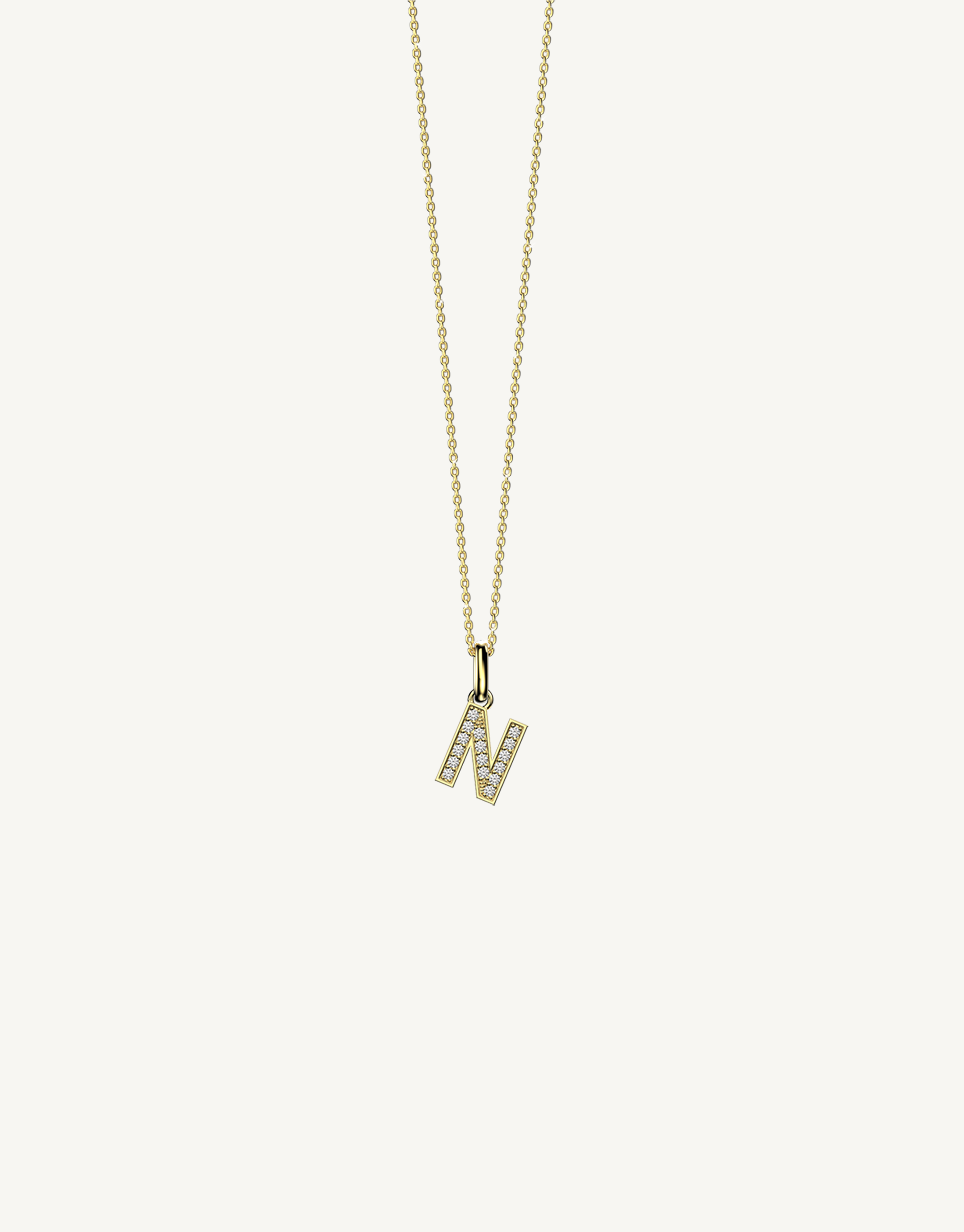 18k yellow gold diamond initial pendant. Luxury custom design. Initial N.