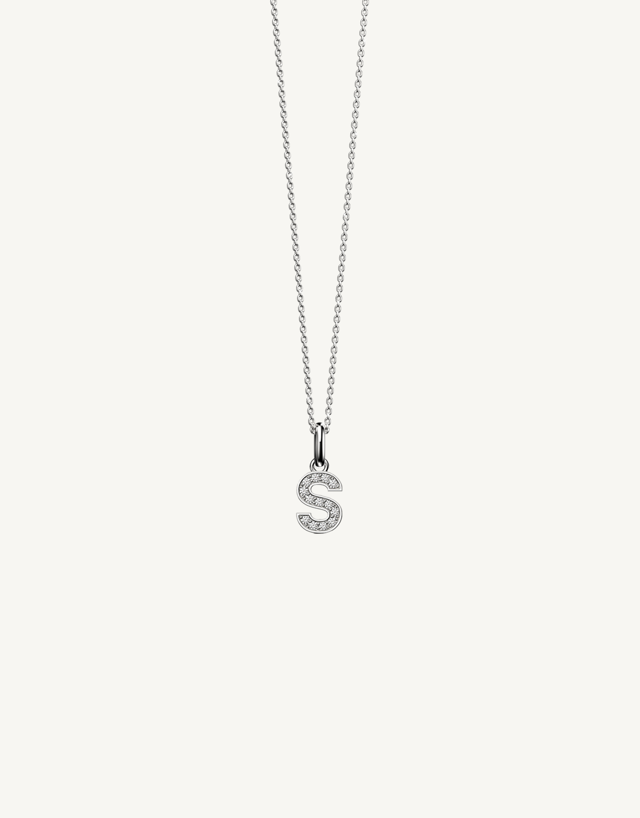 18k white gold diamond initial pendant. Luxury custom design. Initial S.
