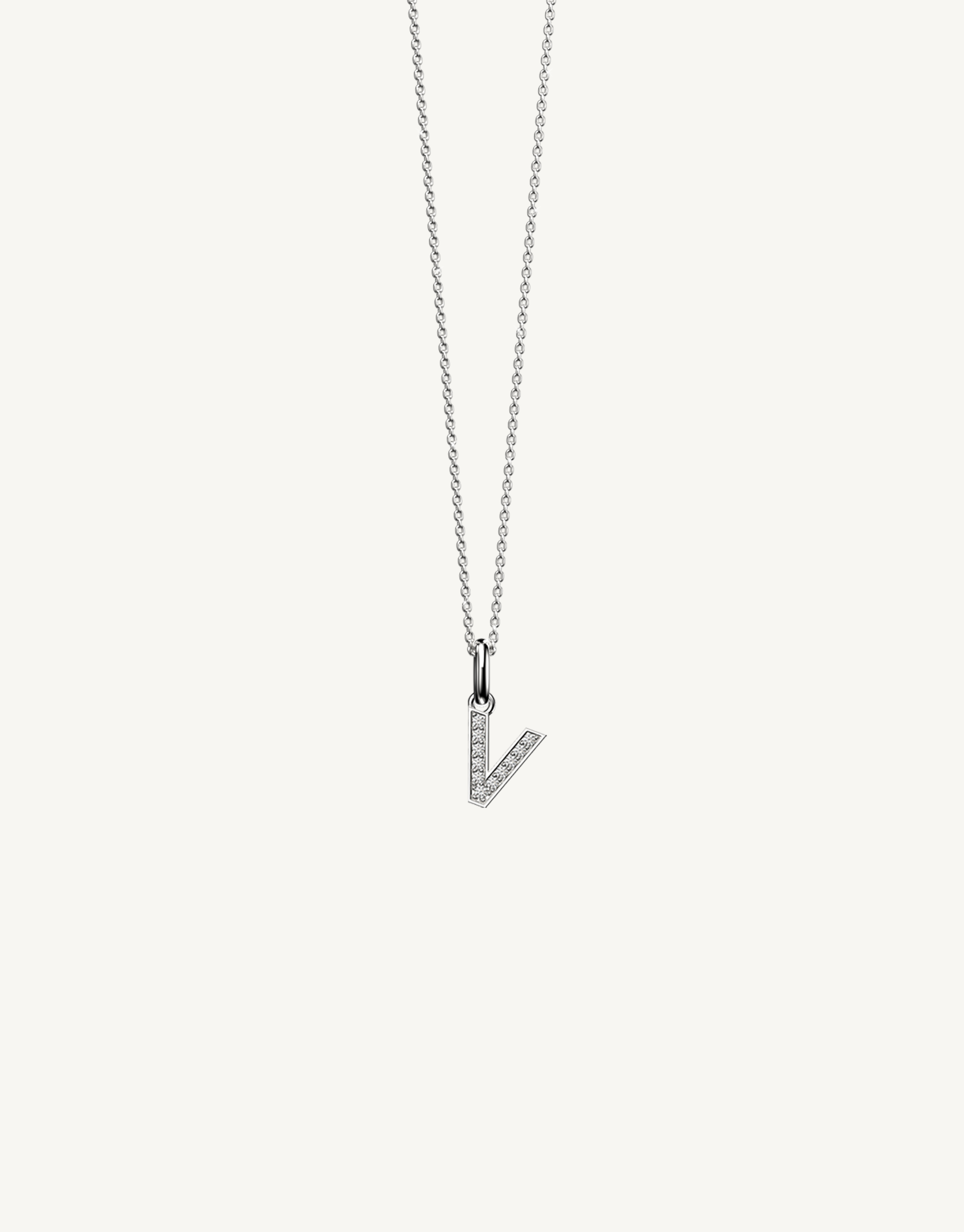 18k white gold diamond initial pendant. Luxury custom design. Initial V.