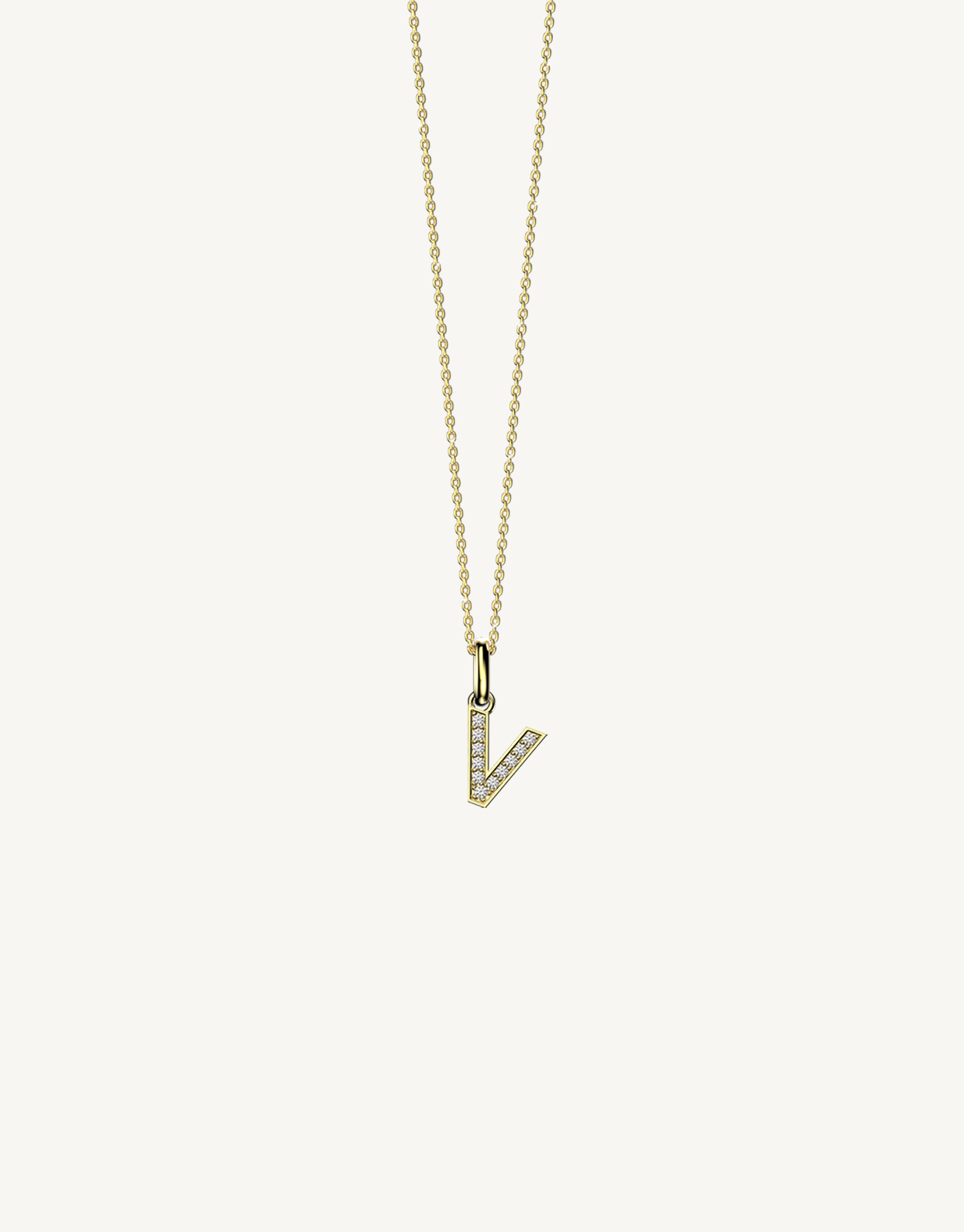 18k yellow gold diamond initial pendant. Luxury custom design. Initial V.