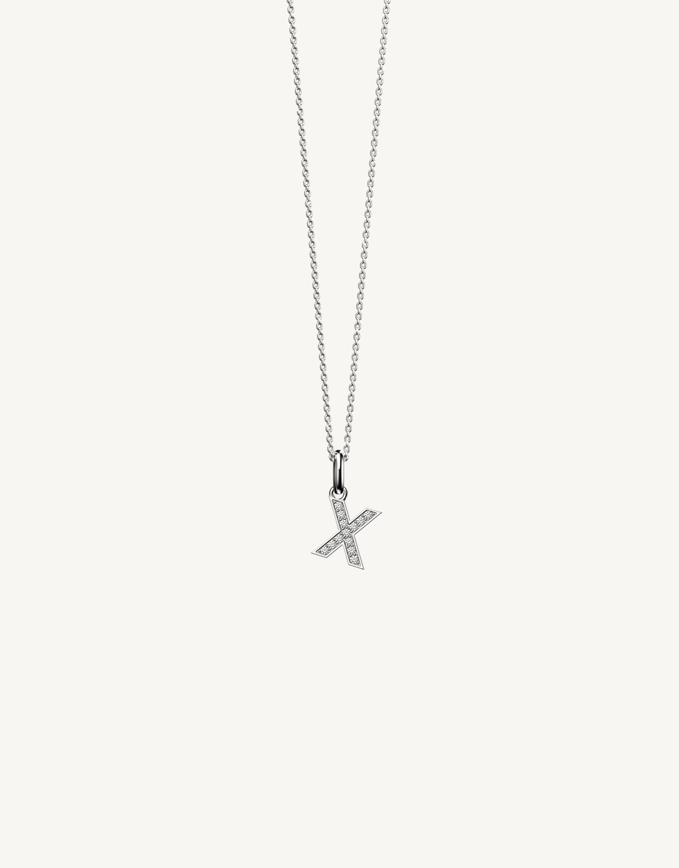 18k white gold diamond initial pendant. Luxury custom design. Initial X.