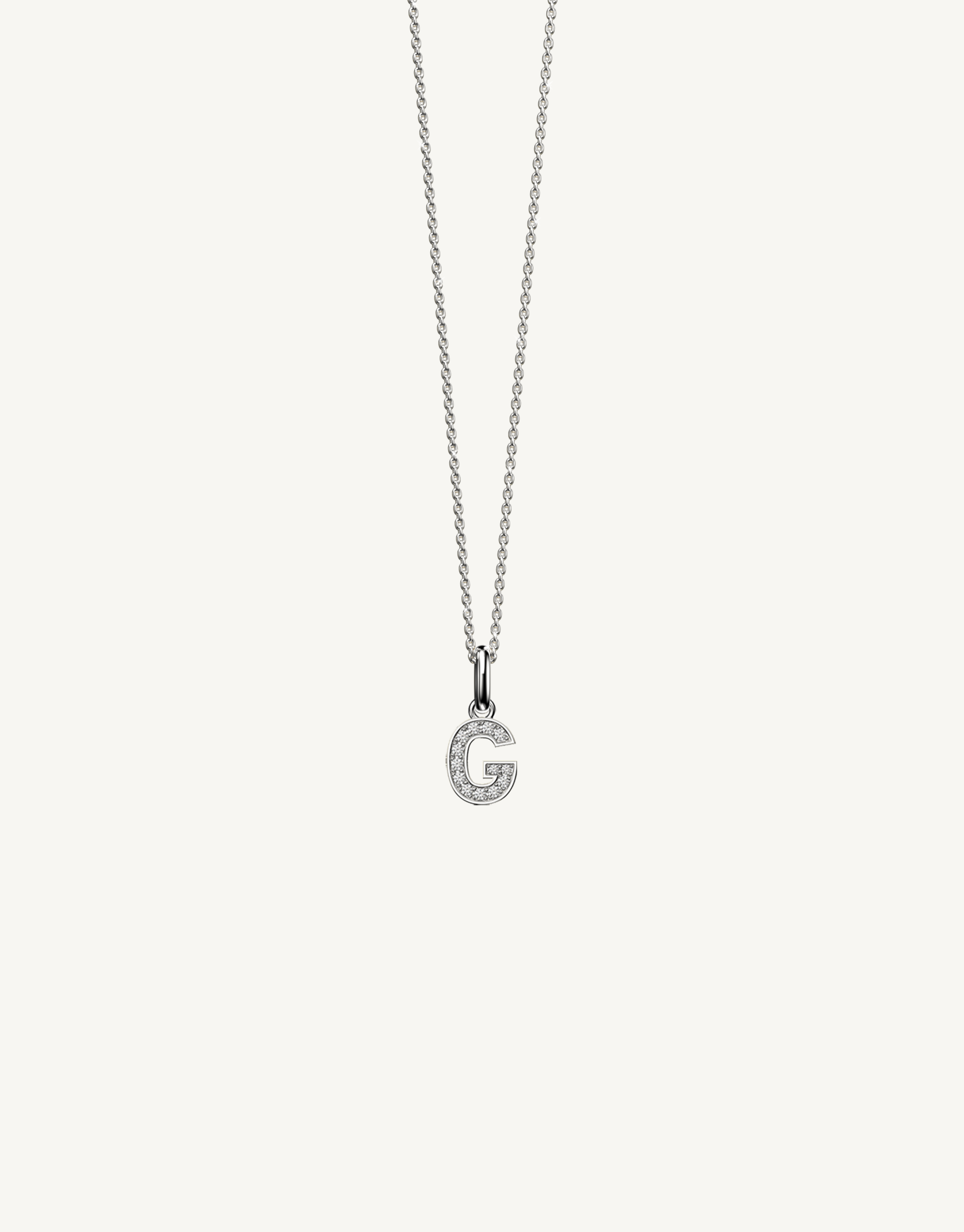 18k white gold diamond initial pendant. Luxury custom design. Initial G.