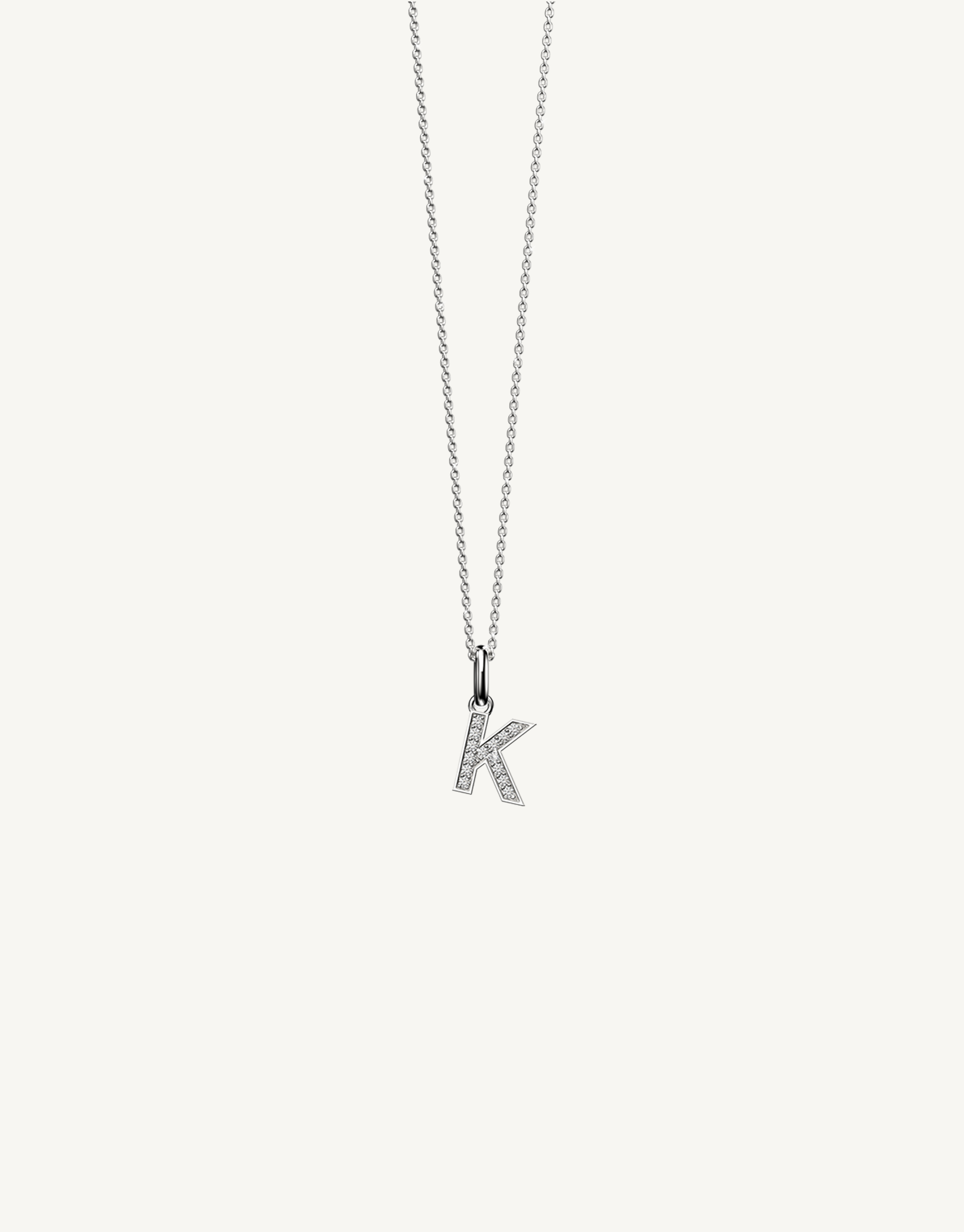 18k white gold diamond initial pendant. Luxury custom design. Initial K.