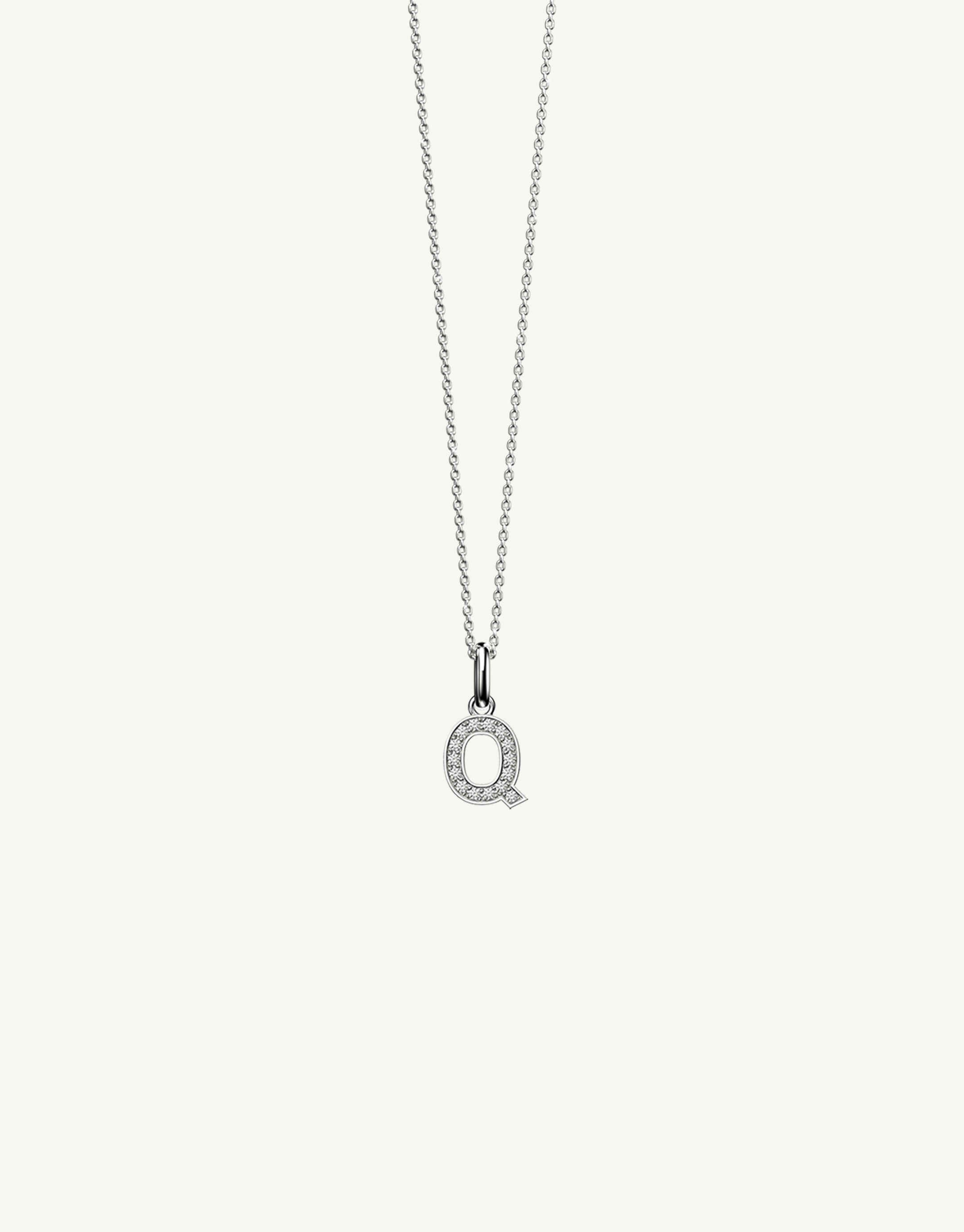 18k white gold diamond initial pendant. Luxury custom design. Initial Q.