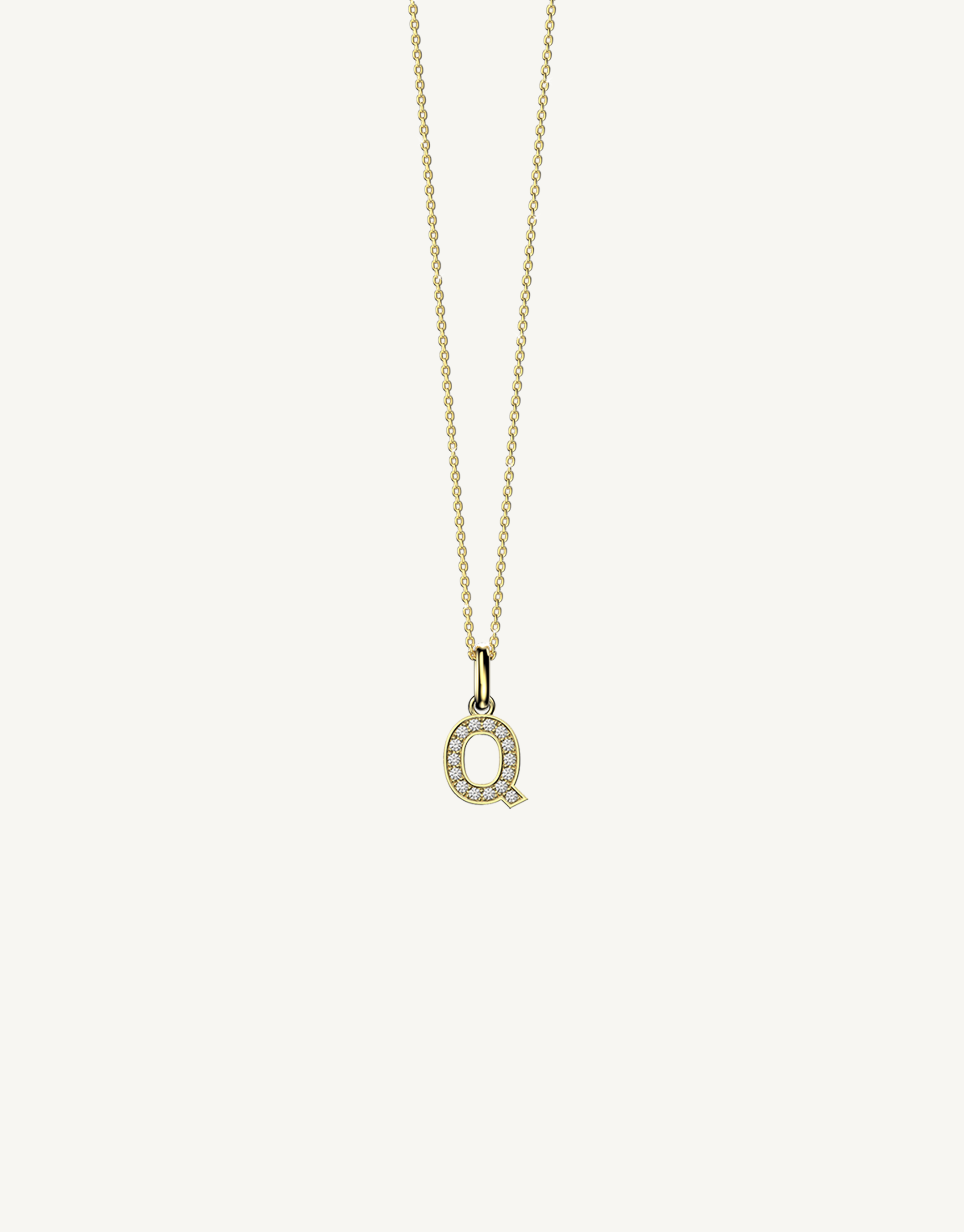 18k yellow gold diamond initial pendant. Luxury custom design. Initial Q.
