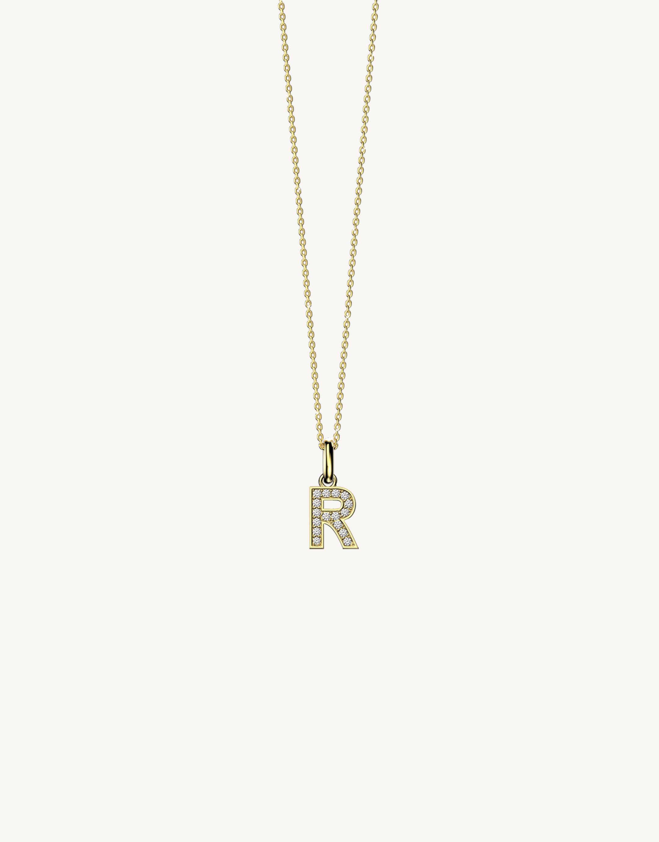 18k yellow gold diamond initial pendant. Luxury custom design. Initial R.